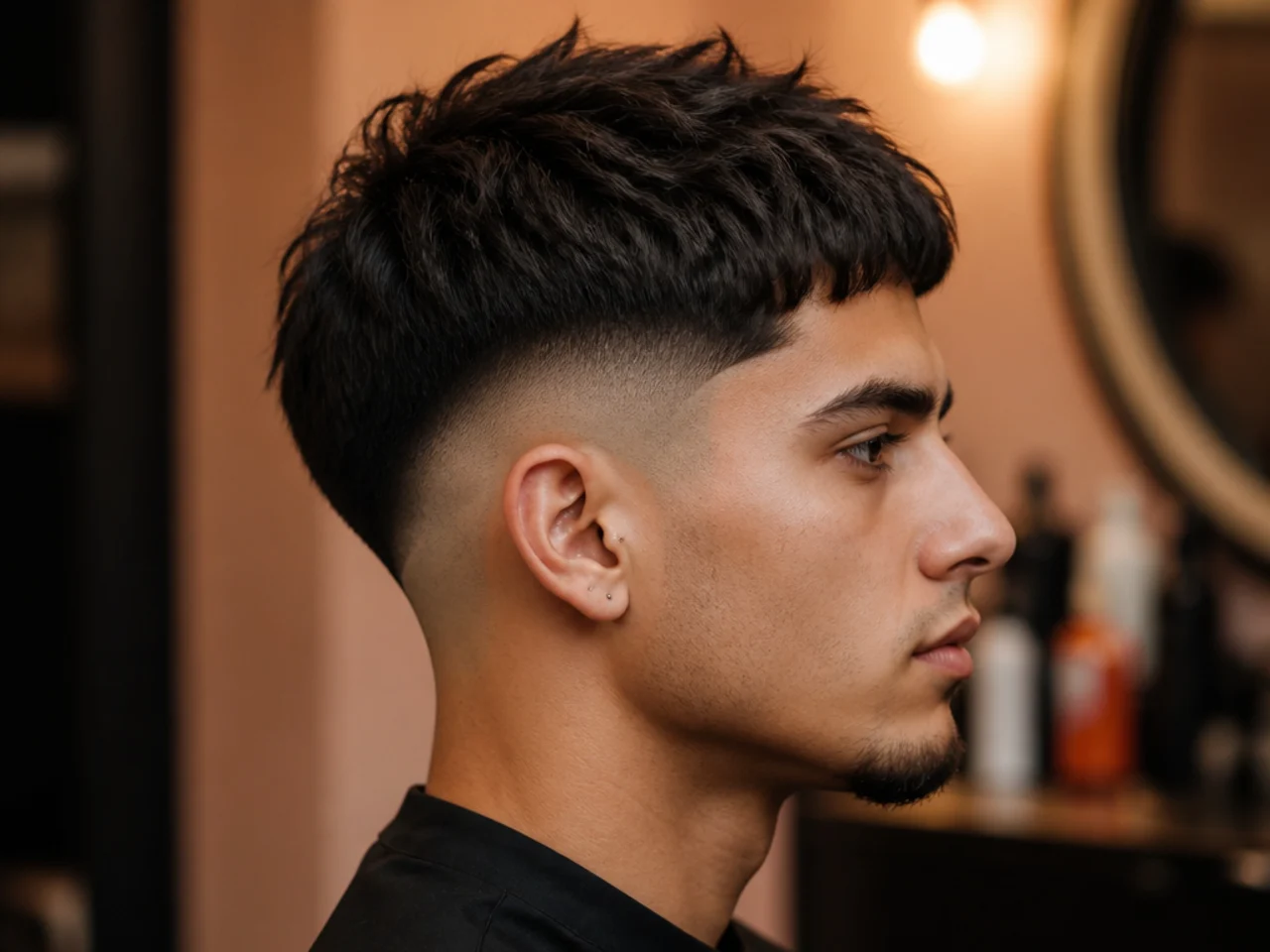 High burst fade with a blunt Edgar fringe