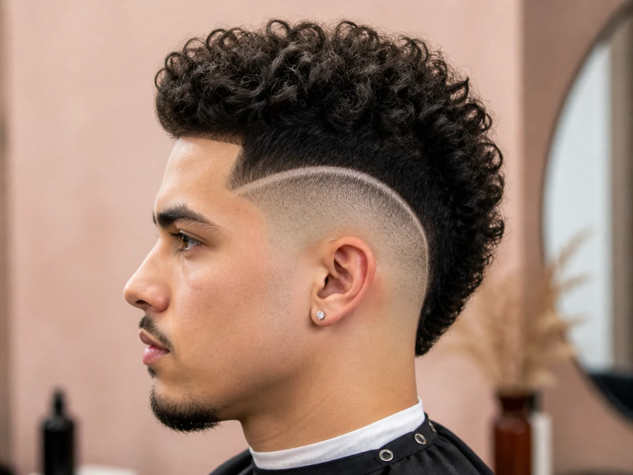 High burst fade with a mohawk strip on top