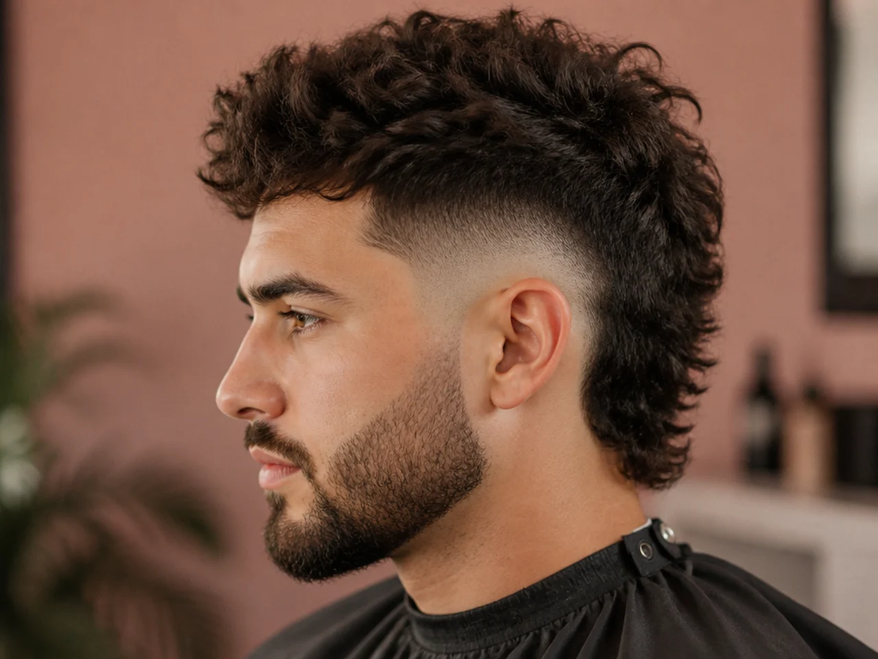 High burst fade with a modern mullet on wavy hair