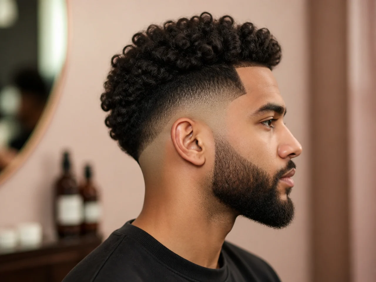High burst fade connected into a full beard