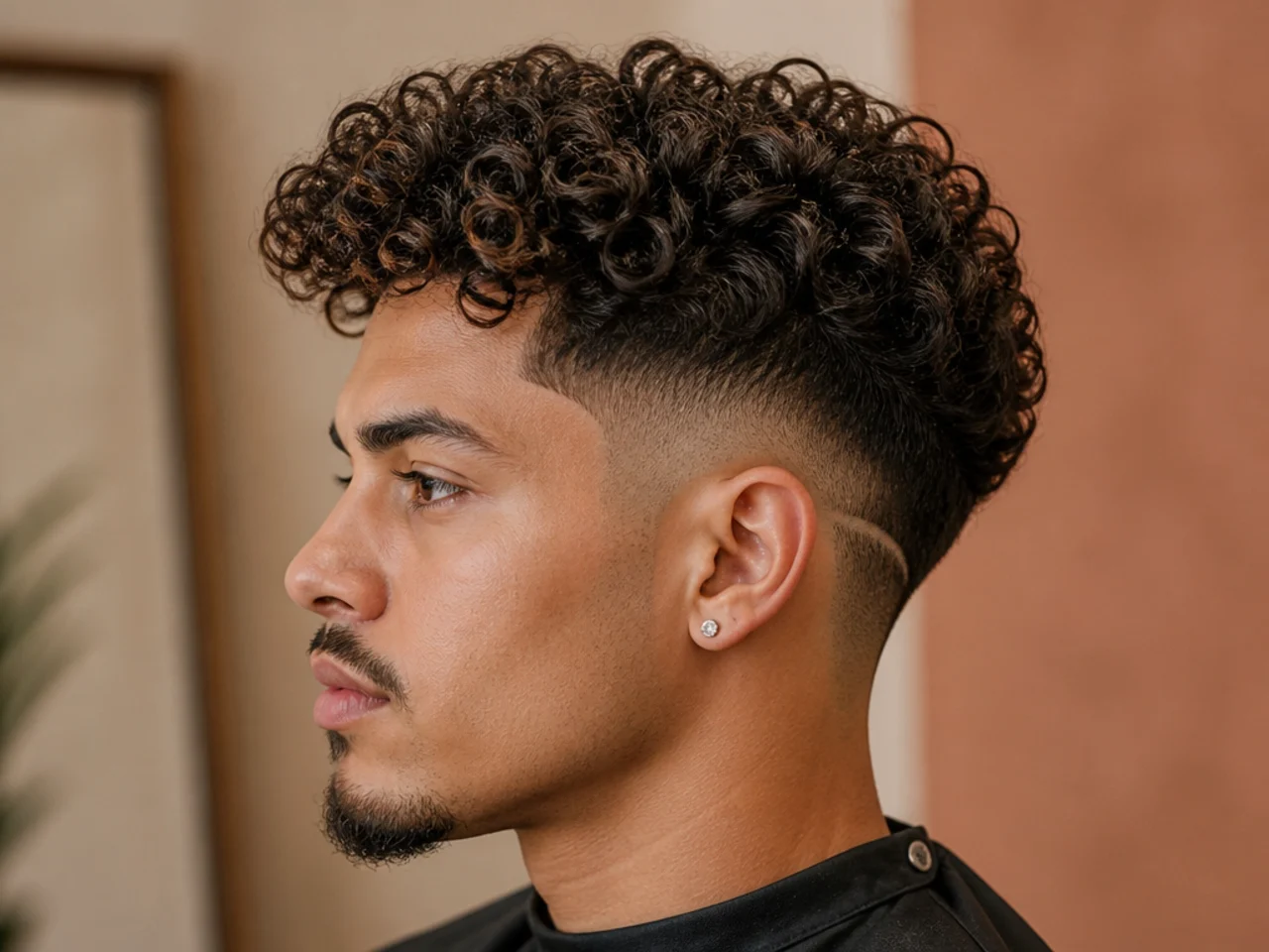 High burst fade paired with a defined curly top