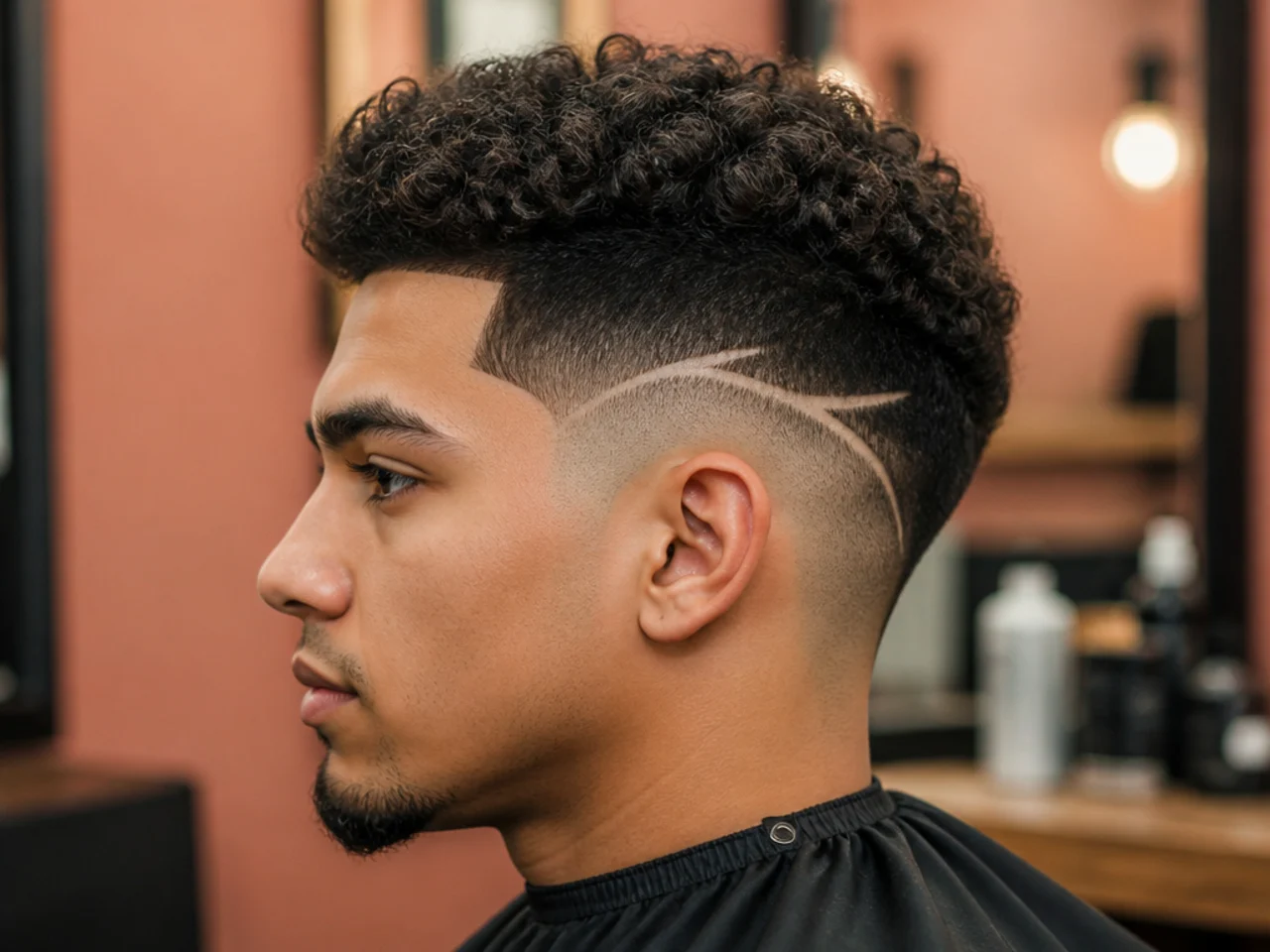 High burst fade with shaved line designs at the temple