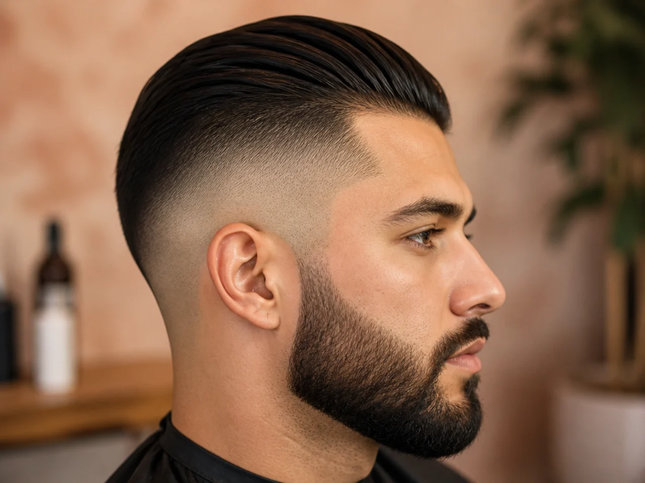 A high fade slick back with a beard