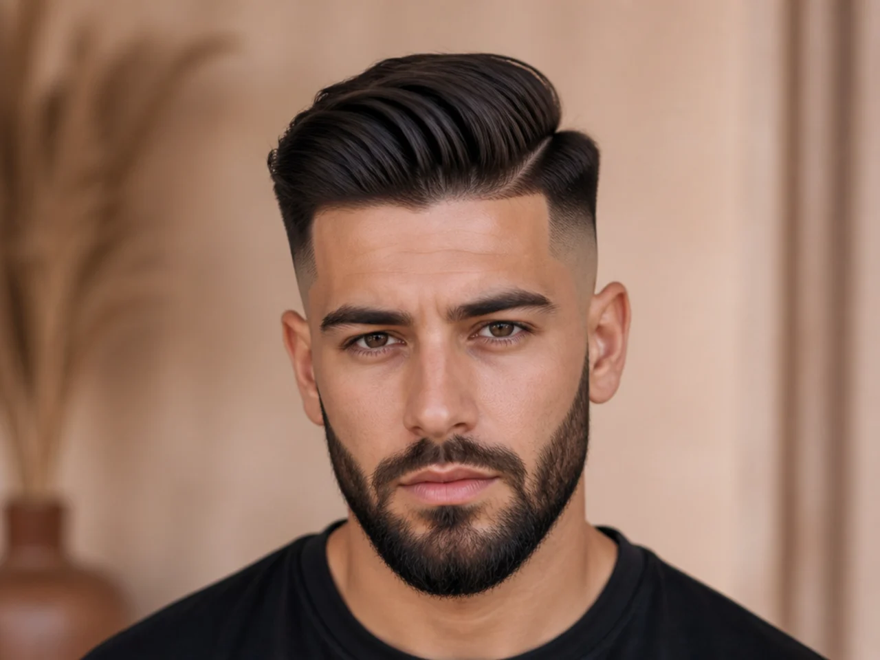 A high fade comb over with a beard