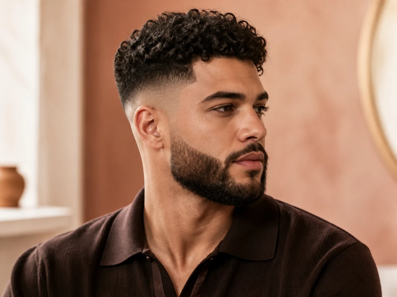 A high fade on curly hair with a beard