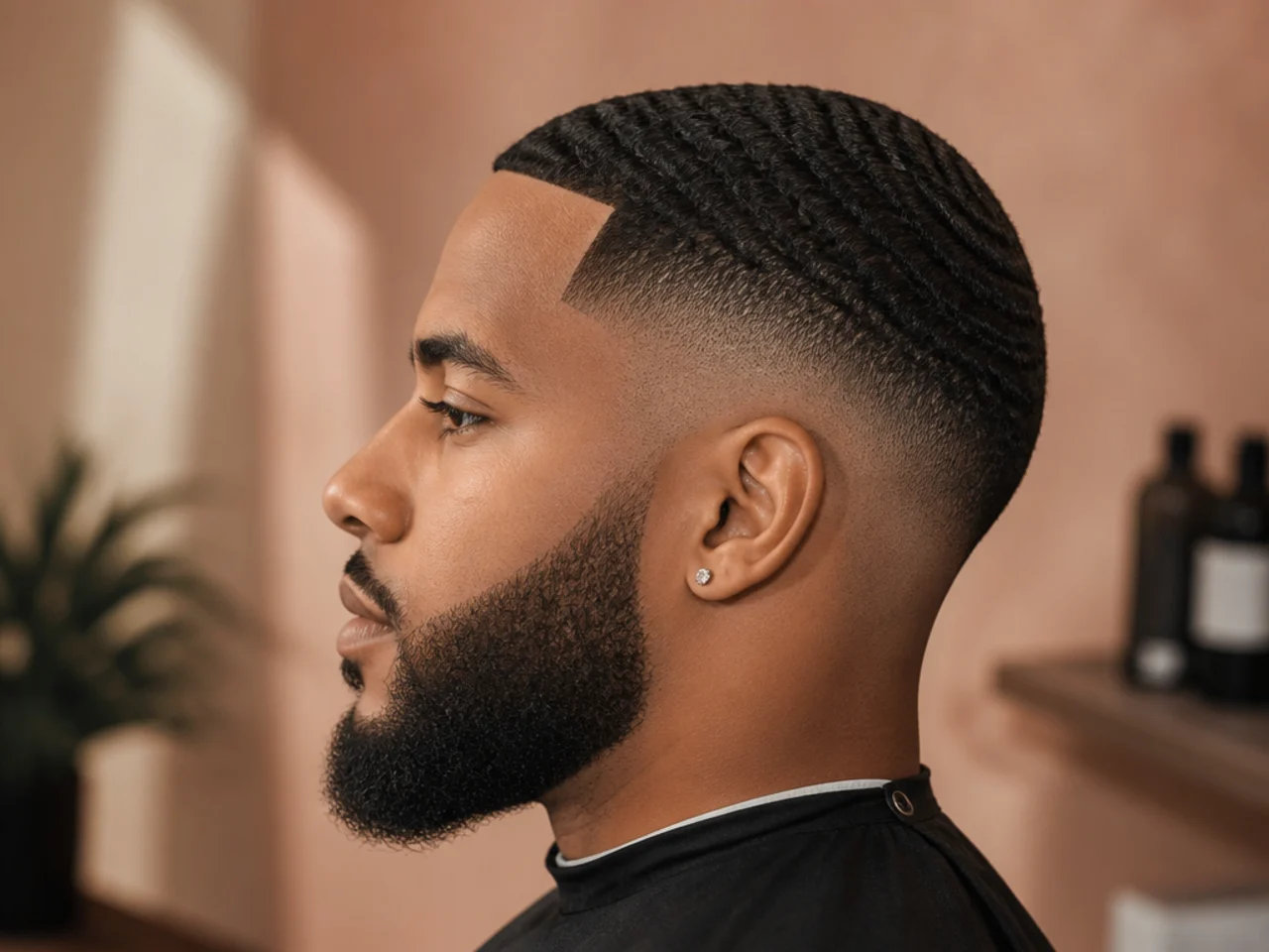 A high fade with waves and a beard