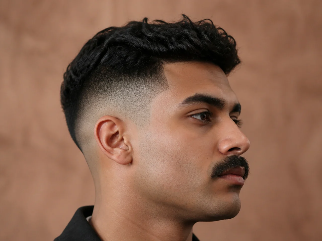 A high fade with a moustache