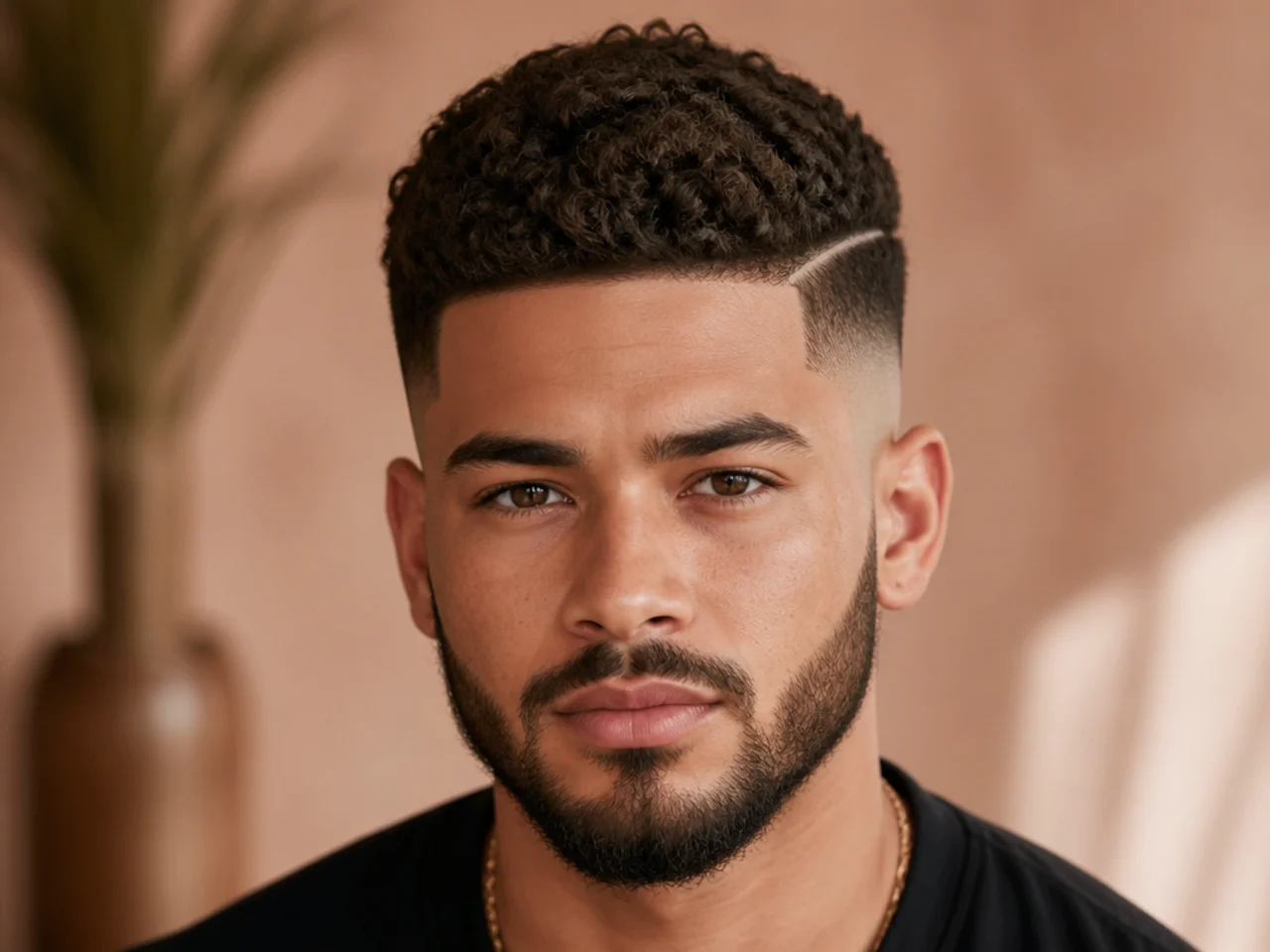 A high drop fade with a beard