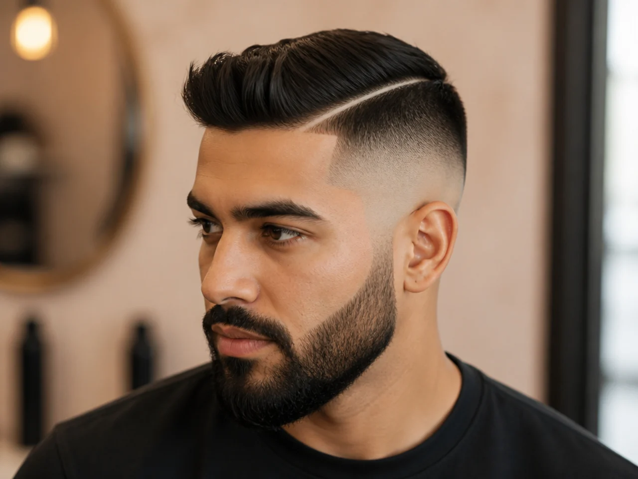 A high fade with a hard part and a beard