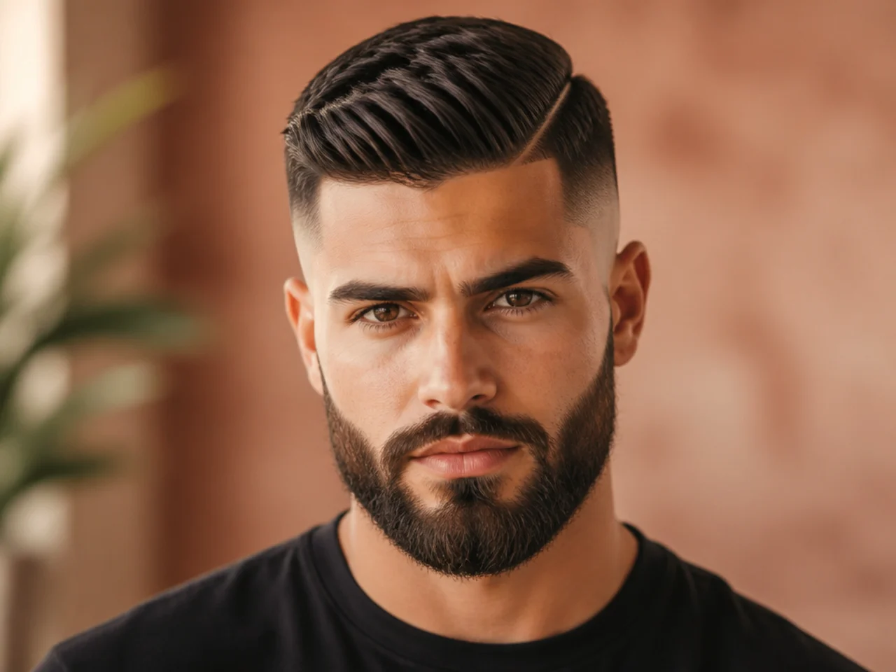 A high skin fade with a full beard