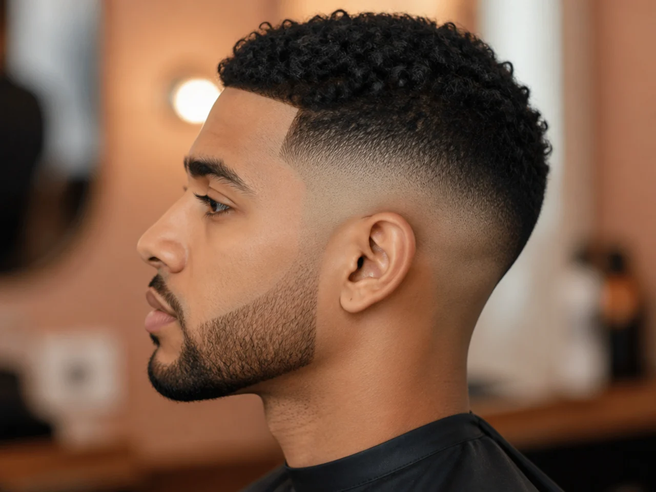 A high fade with a short boxed beard