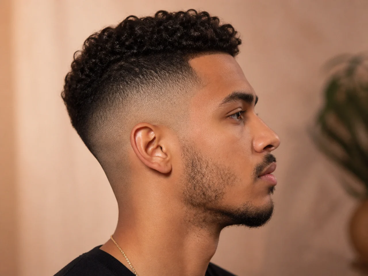 A high fade with a patchy beard