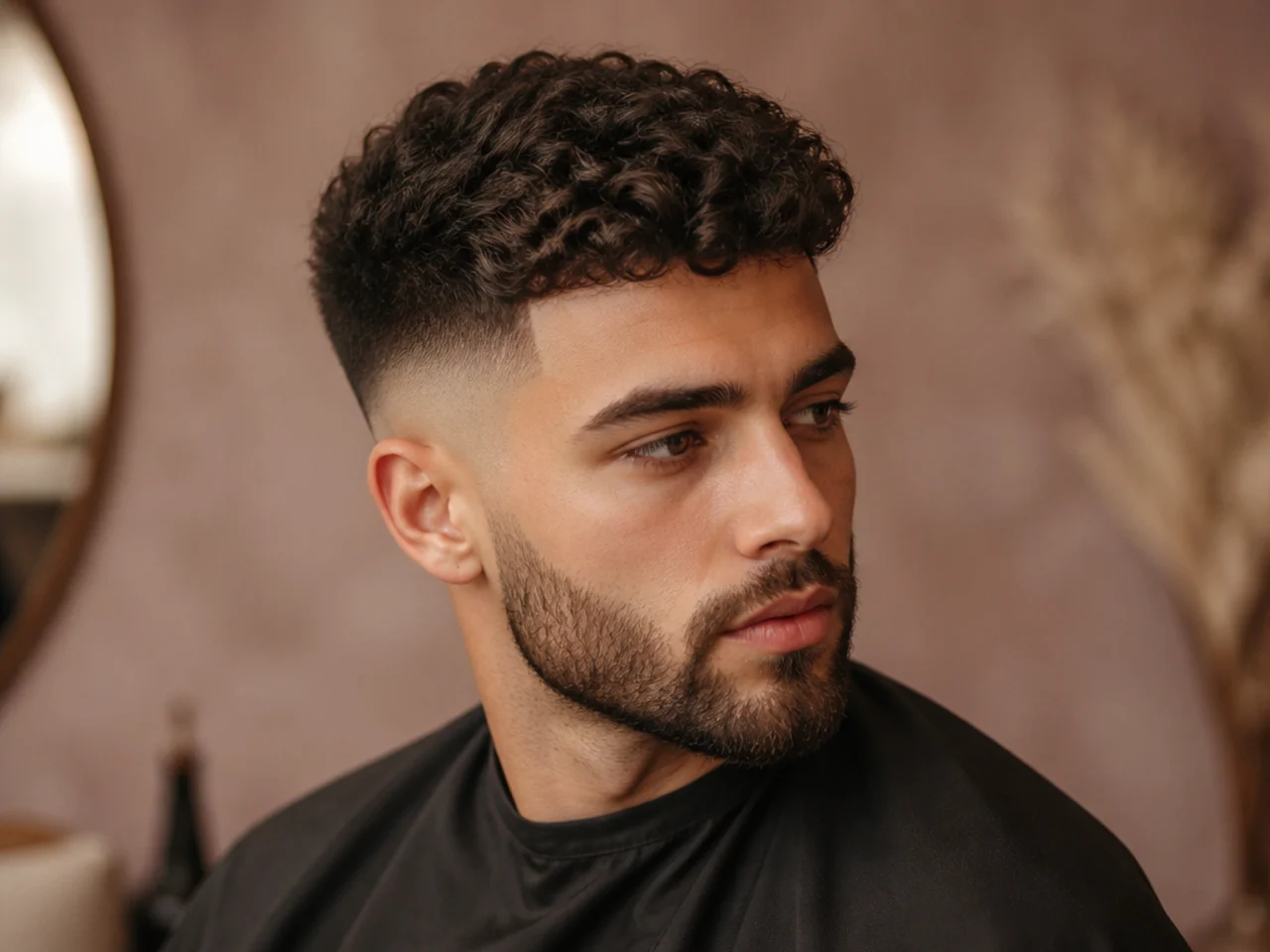 Three-quarter view of a high fade with a beard