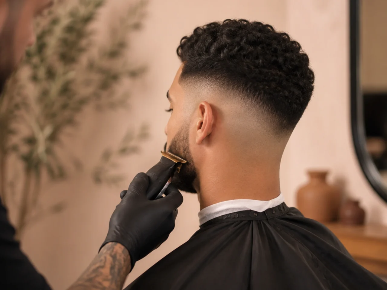 A barber fading a beard to match a high fade