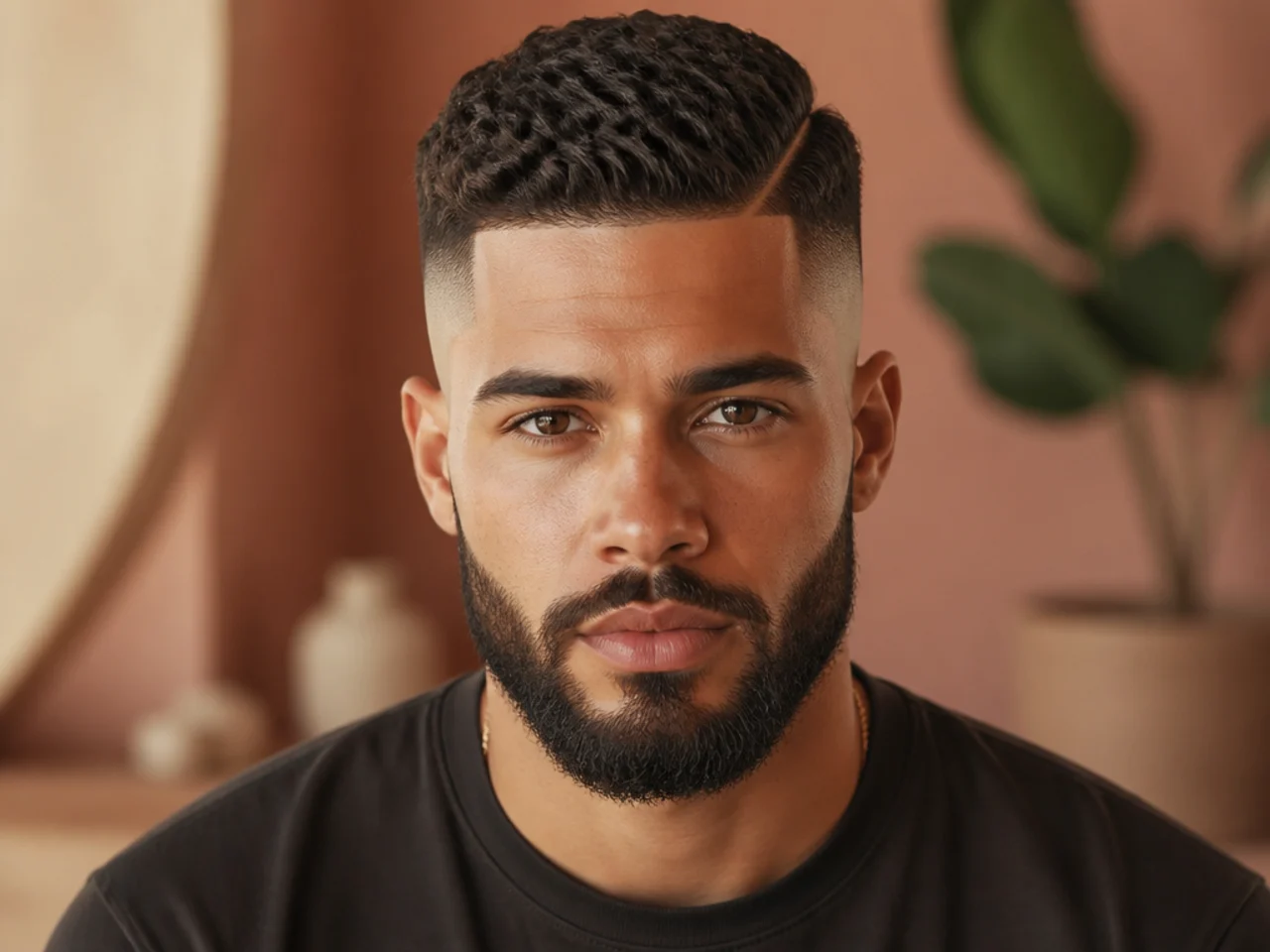 A hard contrast between a high skin fade and a full beard