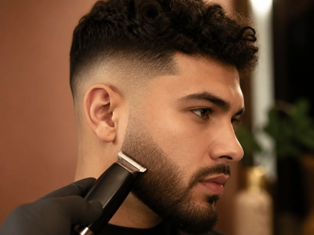 A beard being trimmed below a high fade