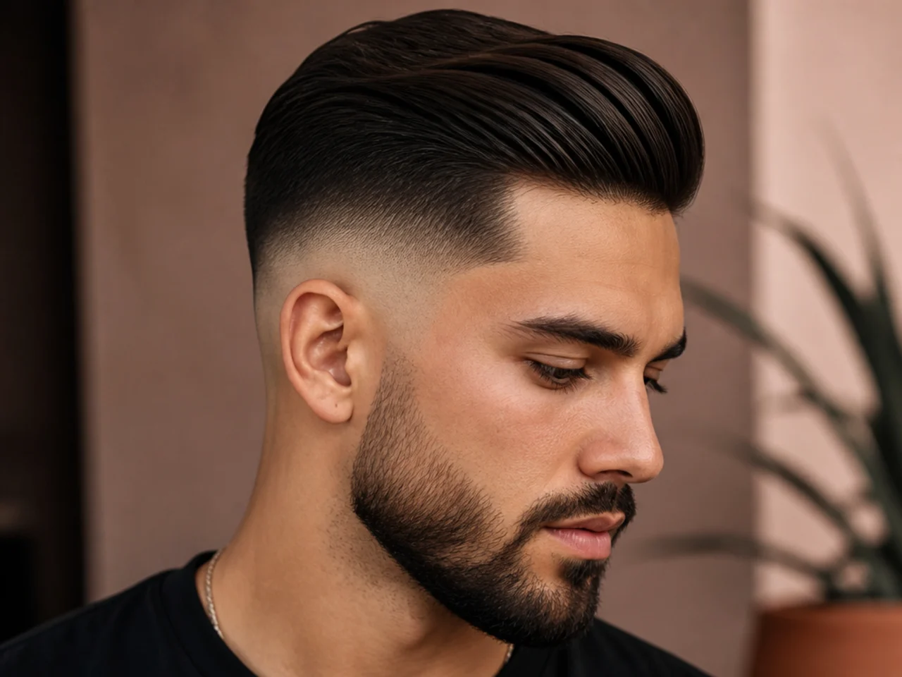 A high fade comb over with a beard
