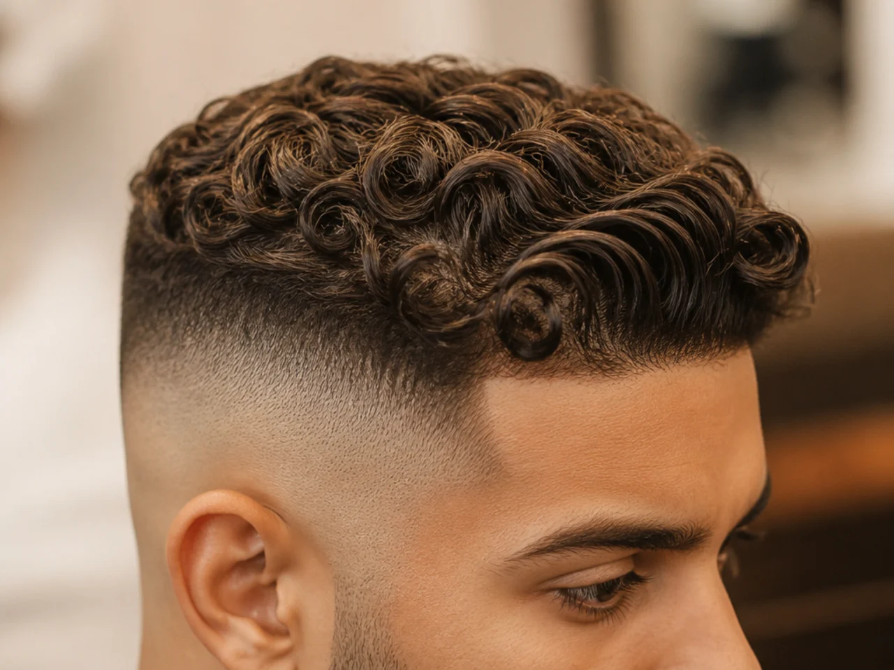 A high fade comb over on curly hair