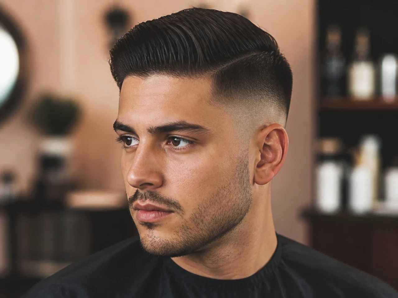 Three-quarter view of a high fade comb over