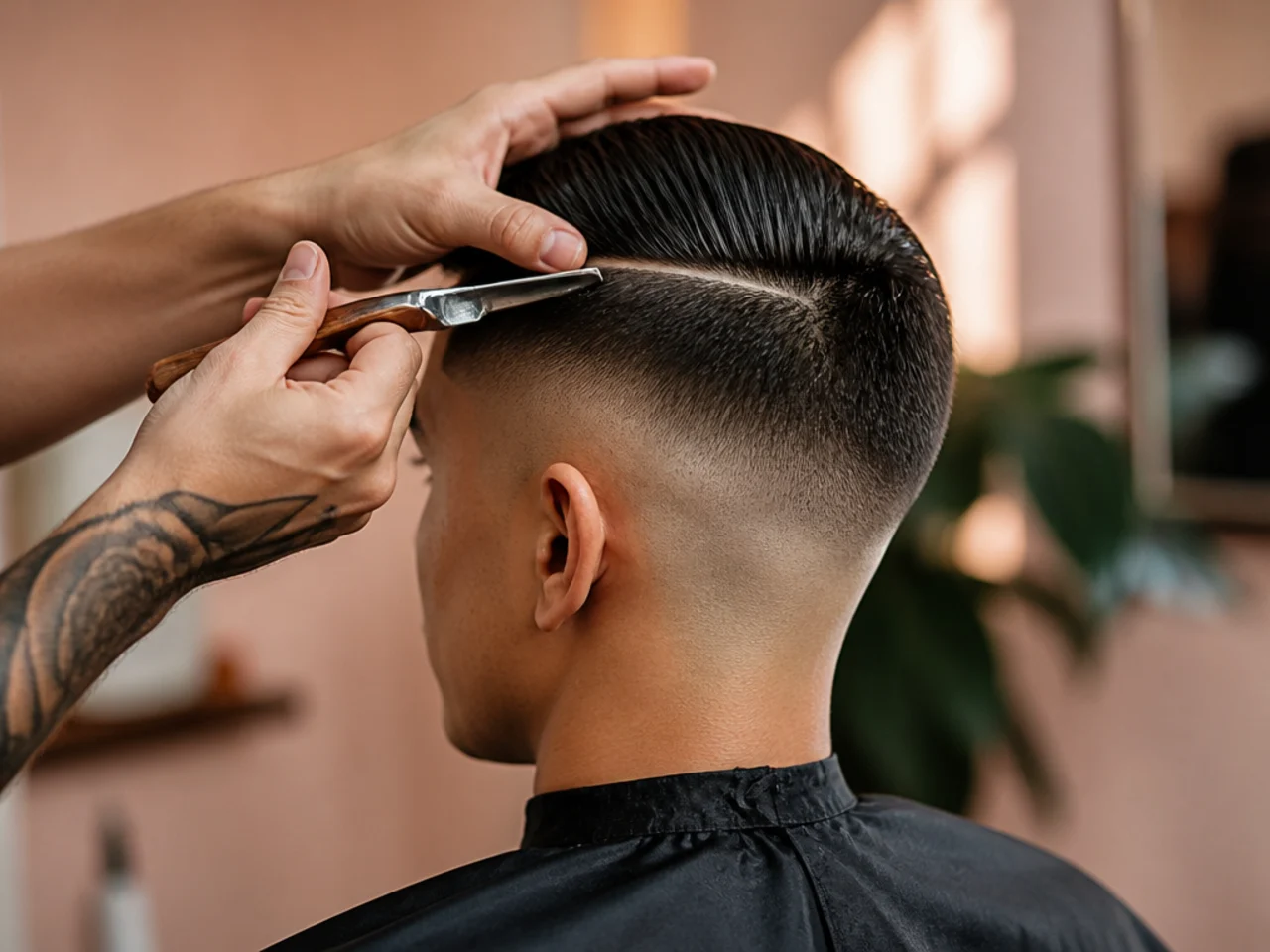 A barber razoring a hard part into a high fade