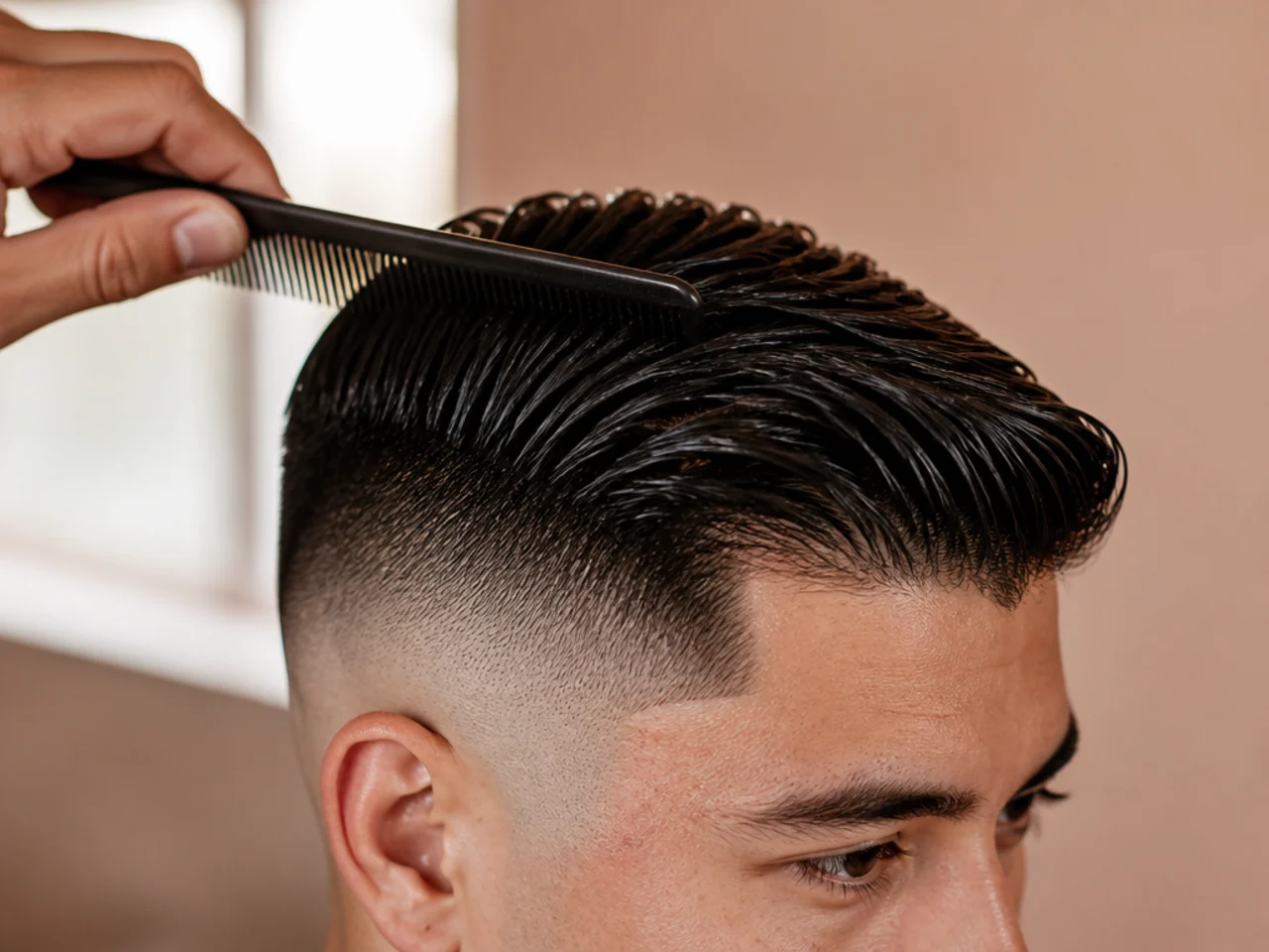 A comb over being set damp above a high fade