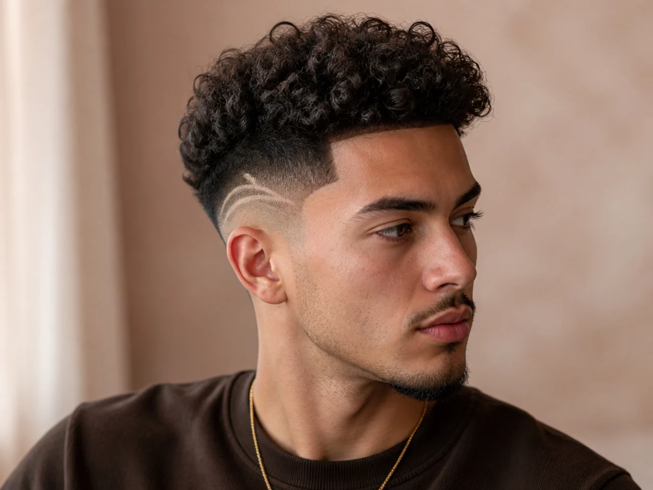 A design under a curly high fade top