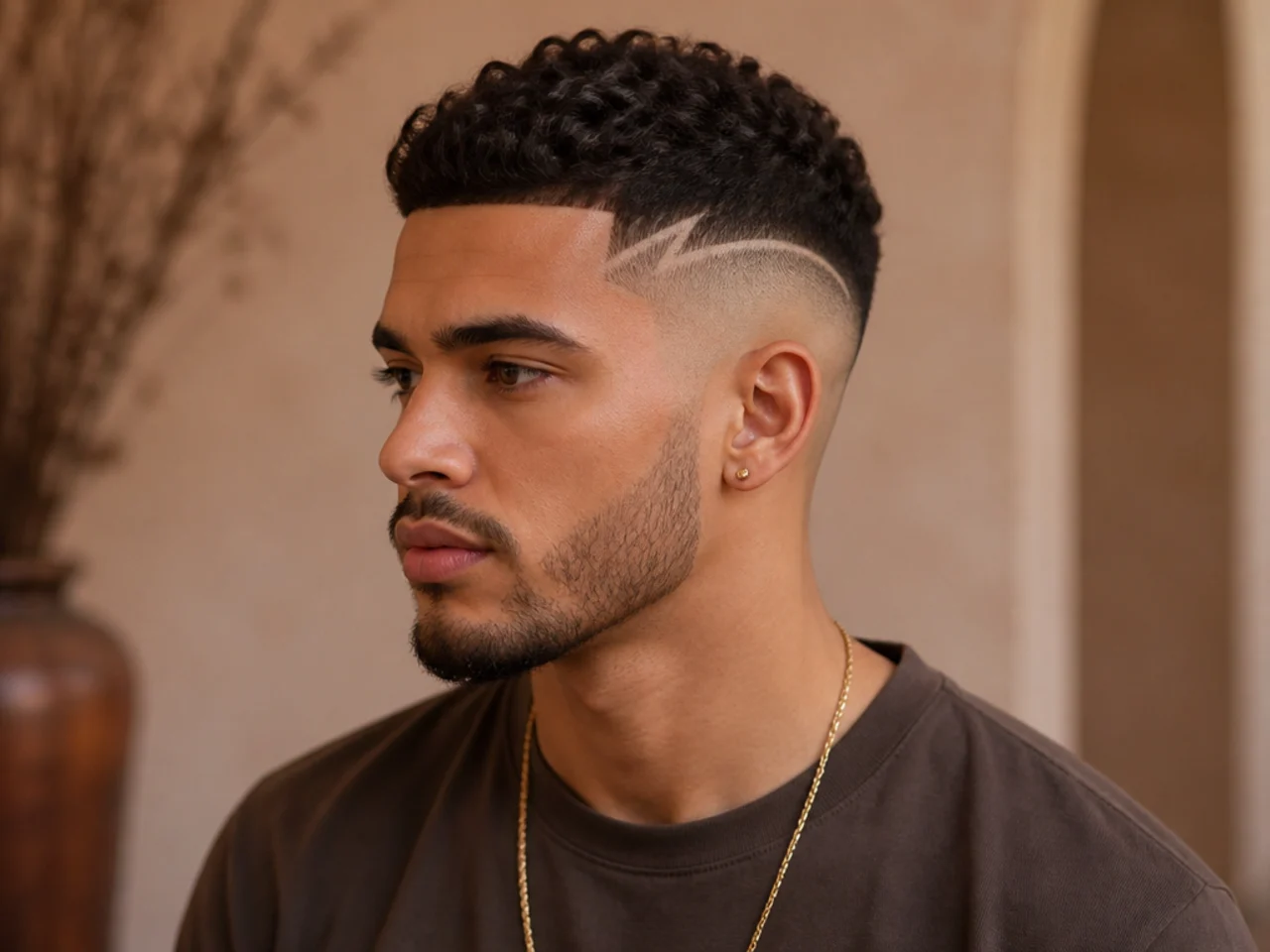 Three-quarter view of a high fade with a design
