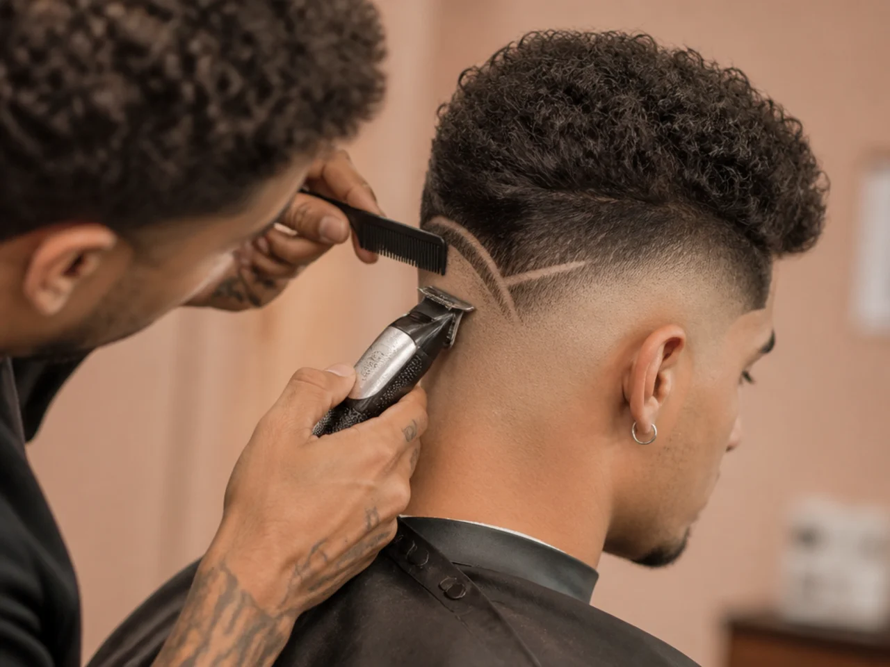 A barber compensating for skull curvature while cutting a design