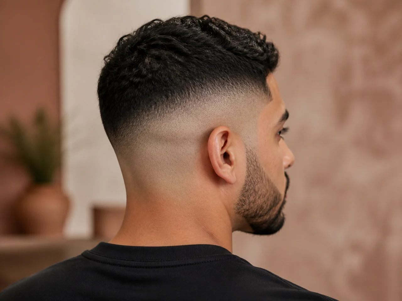 A high fade with a faded beard