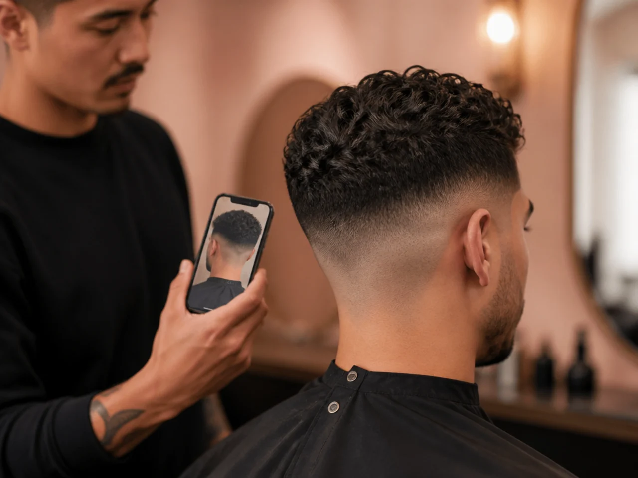 A saved high fade photo being compared with a client's hair