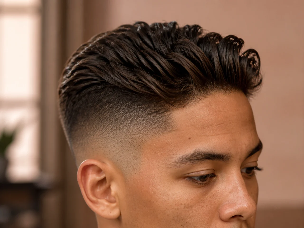 A high fade dried forward and styled back