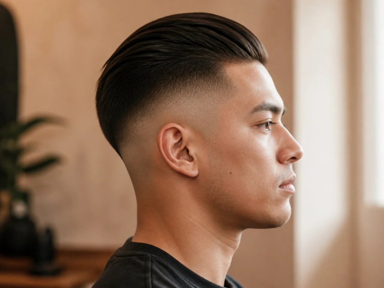A high fade pushed straight back