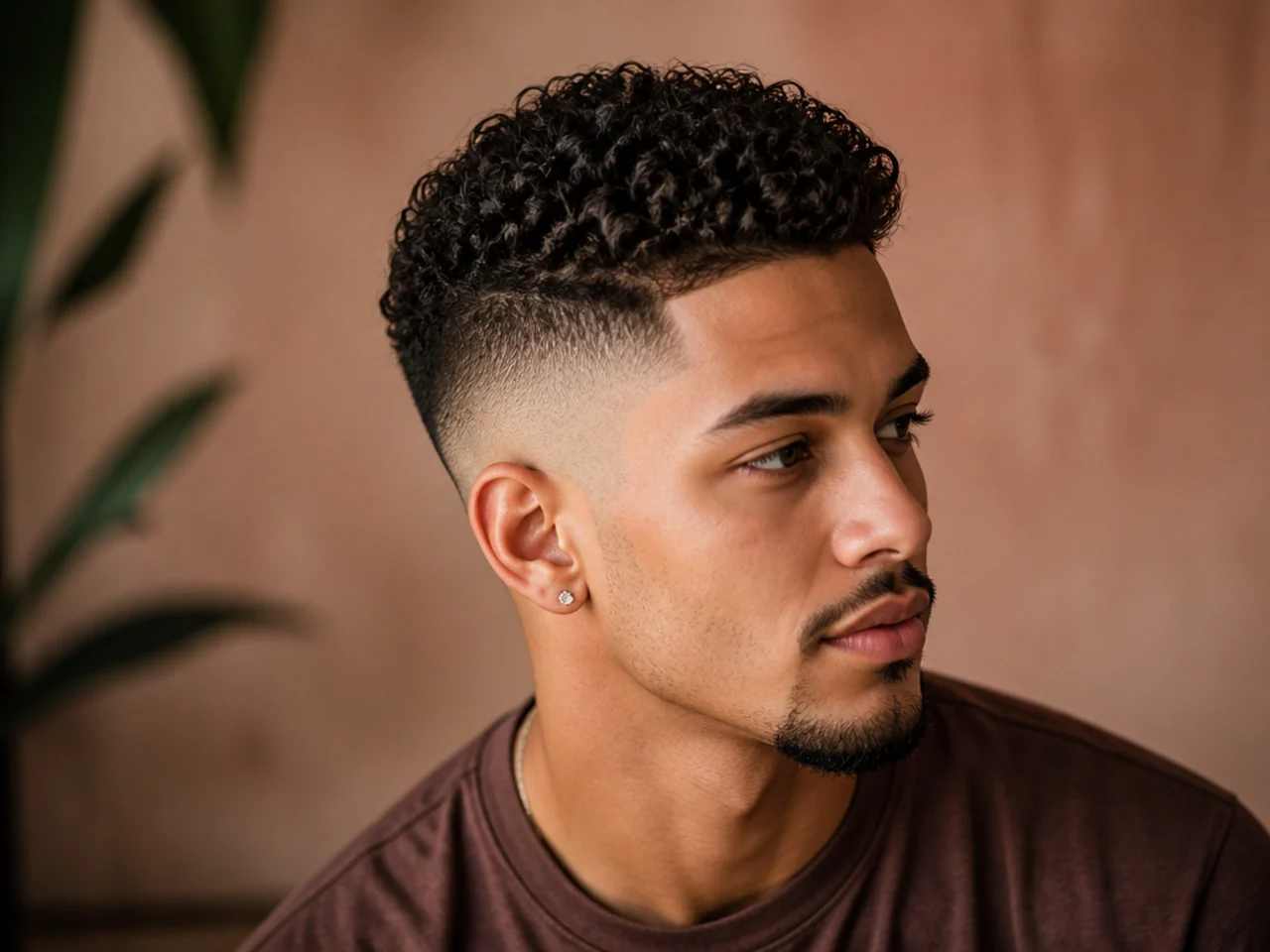 Three-quarter view of a styled high fade