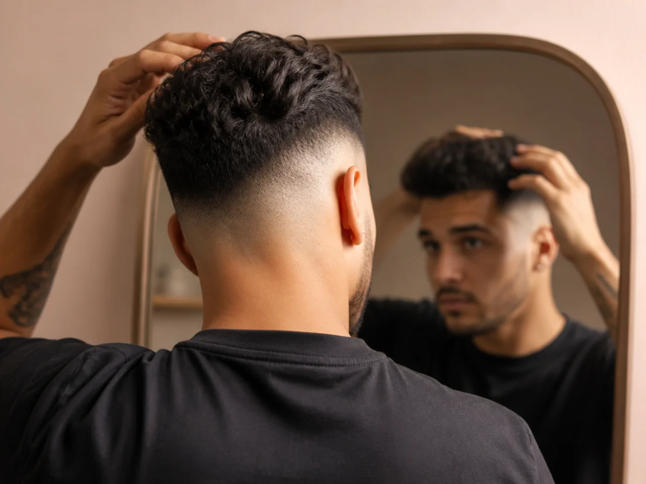 Checking a high fade from the front while styling
