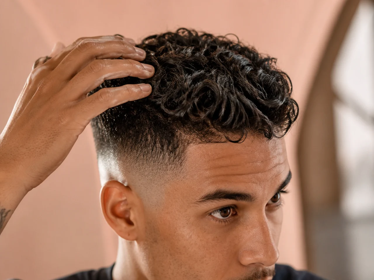 Firm-hold product being worked into the top of a high fade