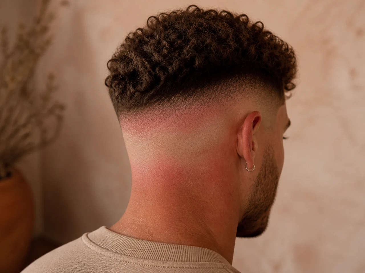 A sunburned scalp above a high fade