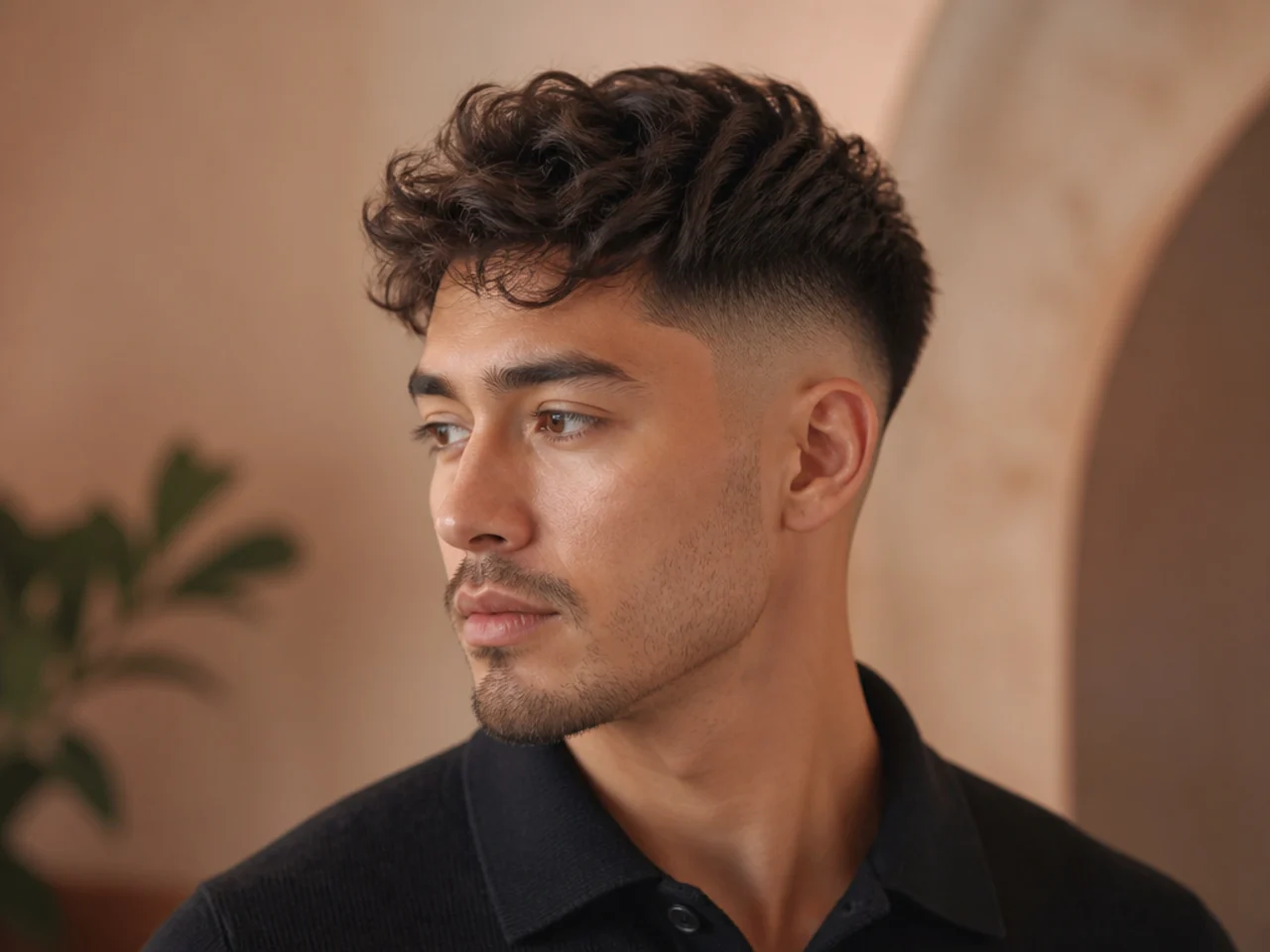 Three-quarter view of a settled high fade