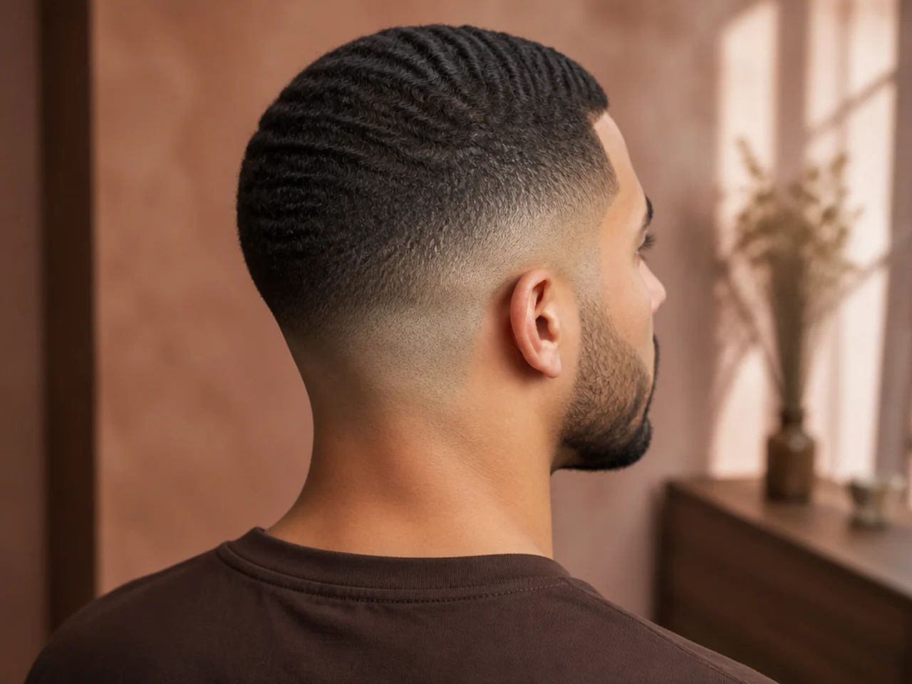 A high fade with waves at a number one top guard