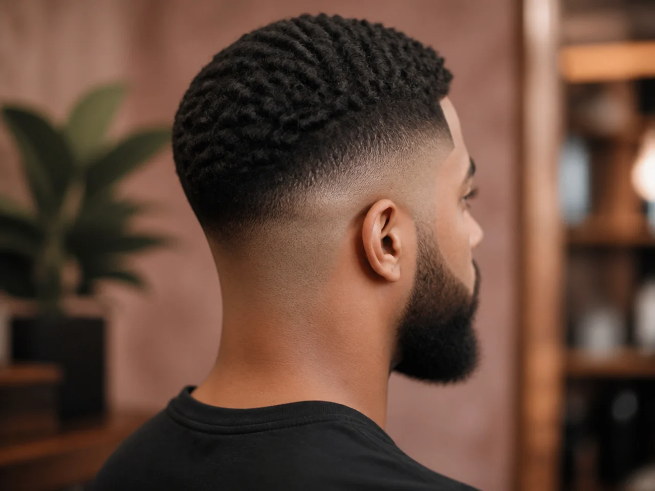 A high fade with waves and a beard