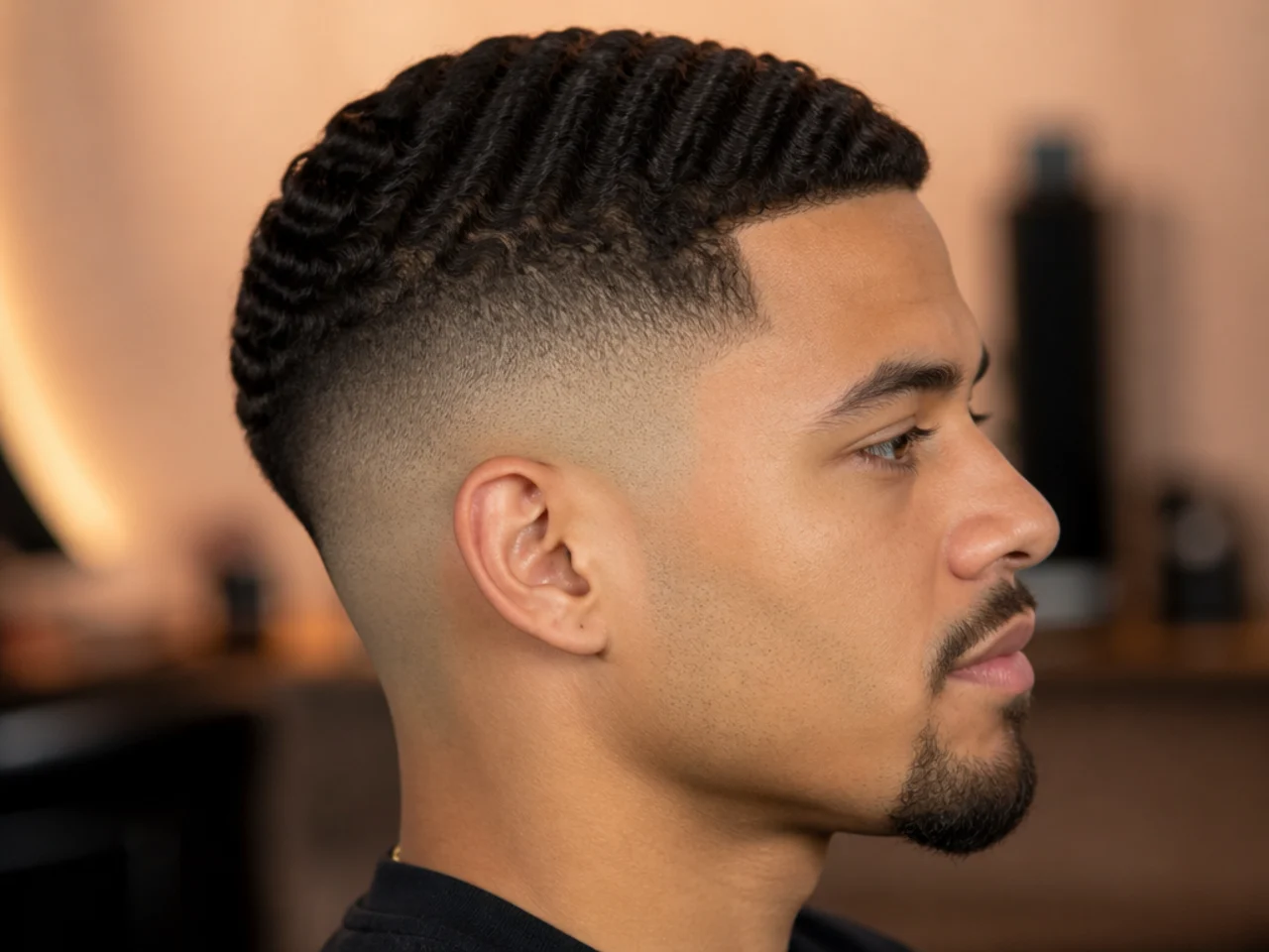 A high fade with waves and a longer top