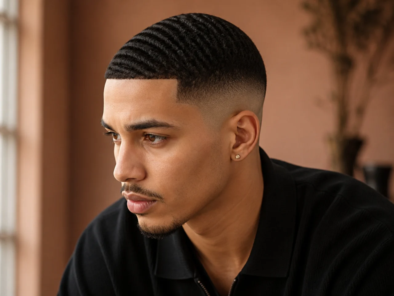 Three-quarter view of a high fade with waves
