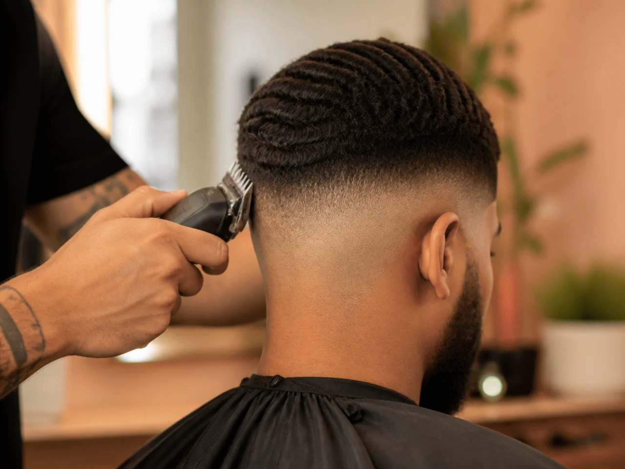 A barber setting the top guard of a high fade on a wave pattern