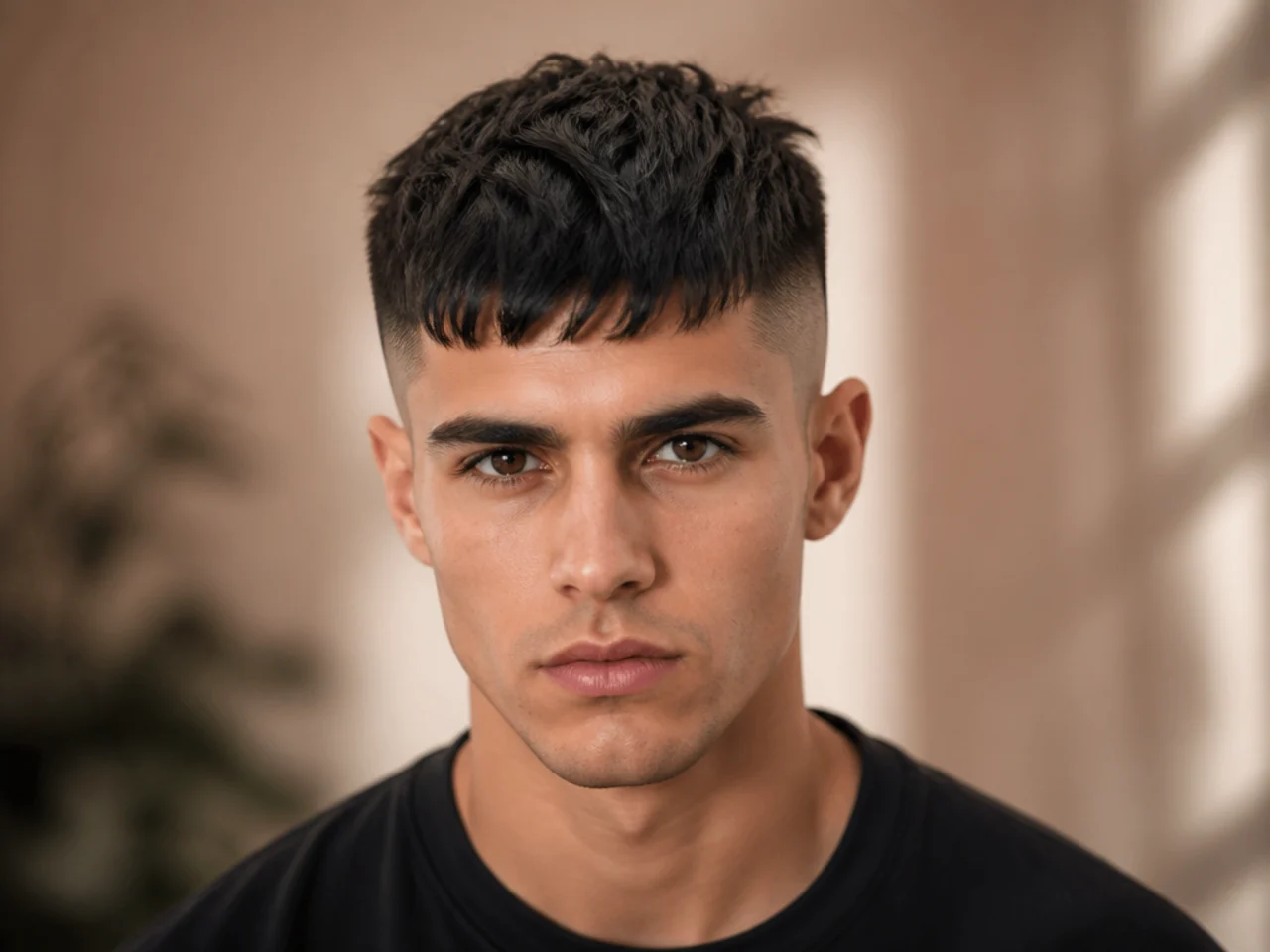 A high fade with a forward fringe