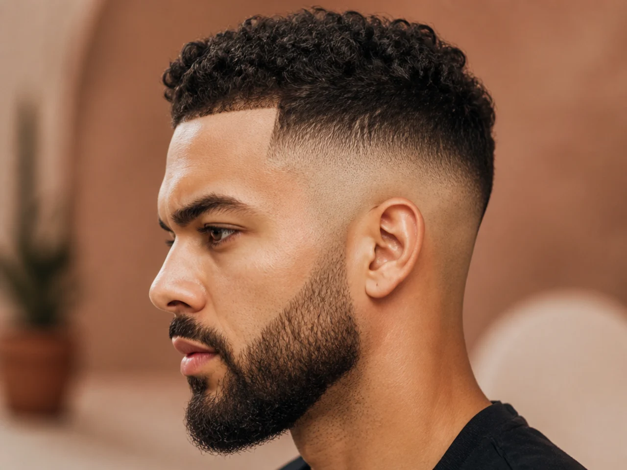 A high fade with a beard