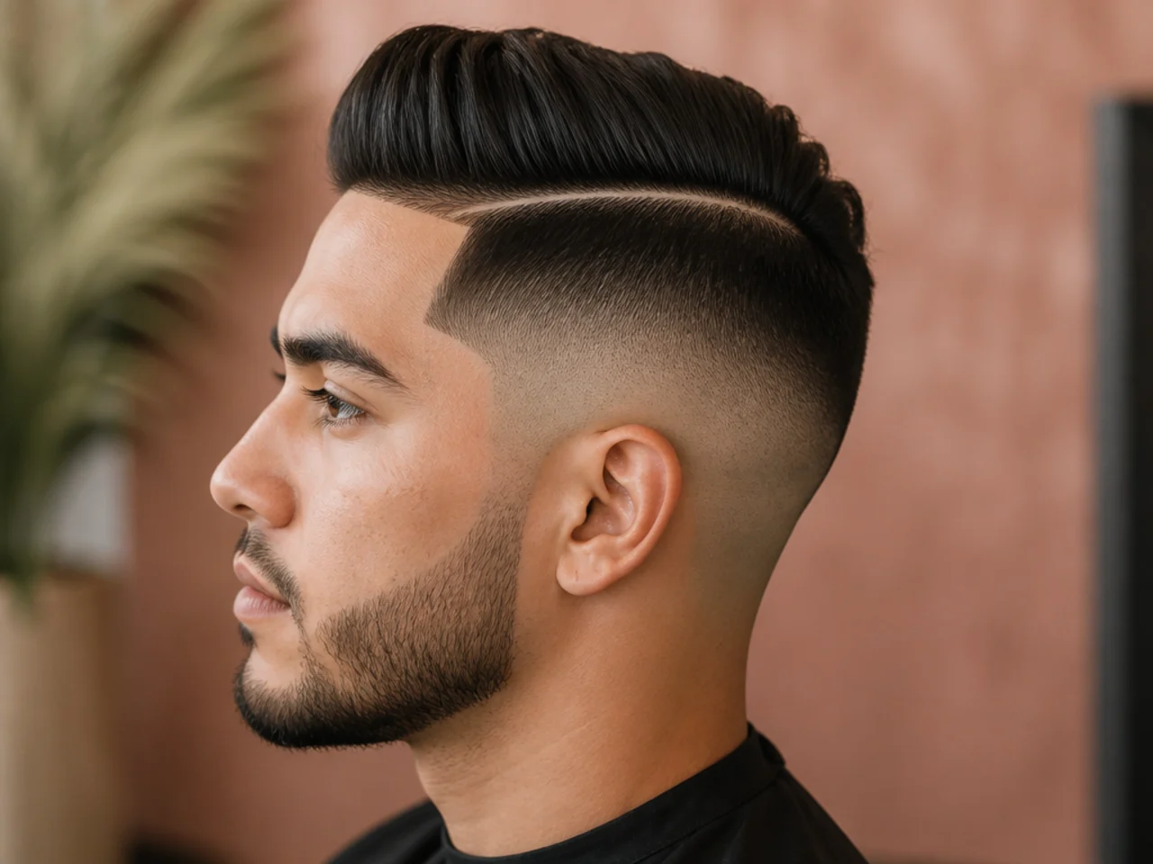 A high fade with a hard part