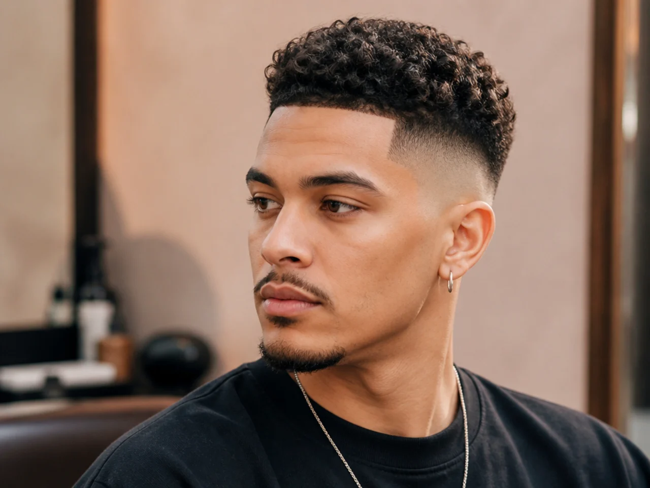 Three-quarter view of a high fade haircut