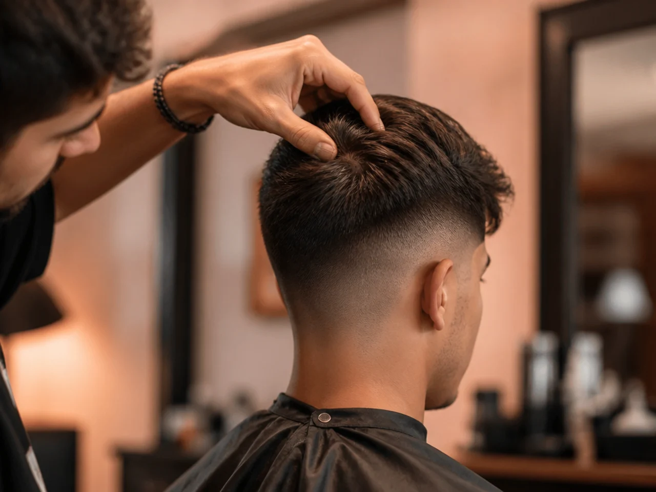 A barber checking crown density before a high fade