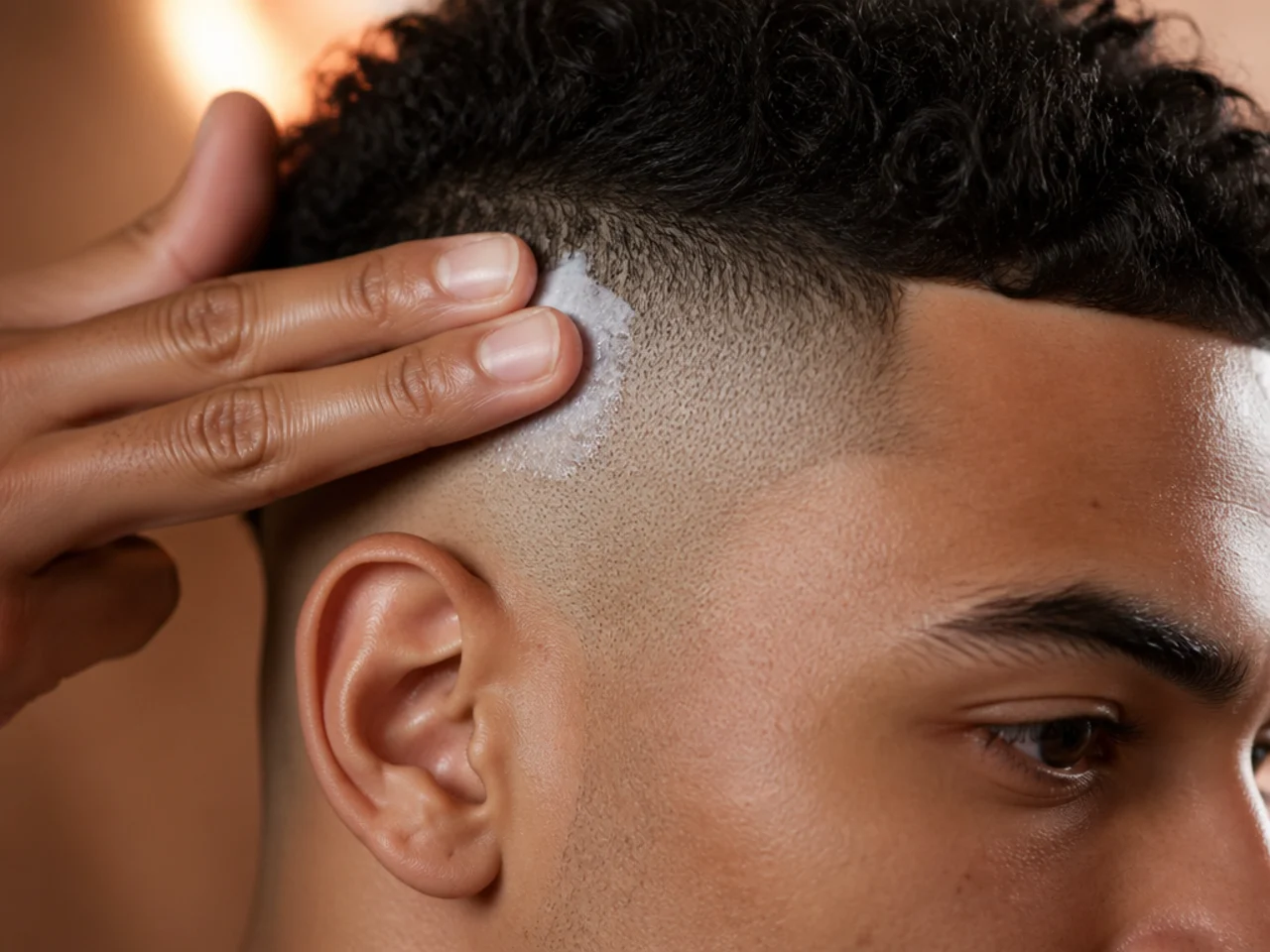Moisturiser being applied to the exposed side of a high fade