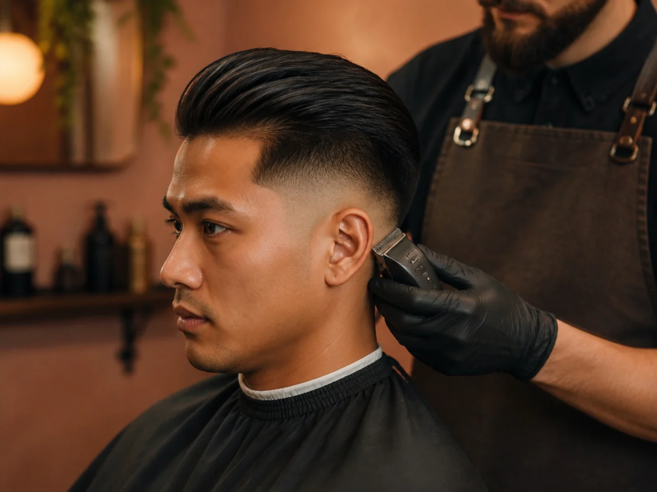 Hands oiling clipper blades on a bathroom counter with towel and comb ready