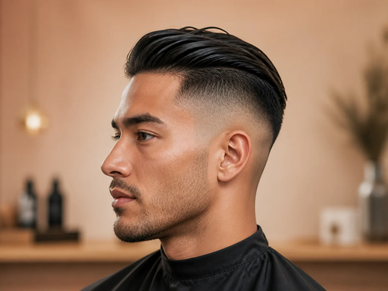 Scissors trimming the top length while the hair is combed forward over the forehead